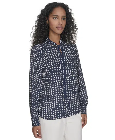 Calvin Klein Petite Printed Long Sleeve Tie-neck Blouse In Navy,cream