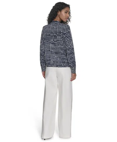 Calvin Klein Petite Printed Long Sleeve Tie-neck Blouse In Navy,cream