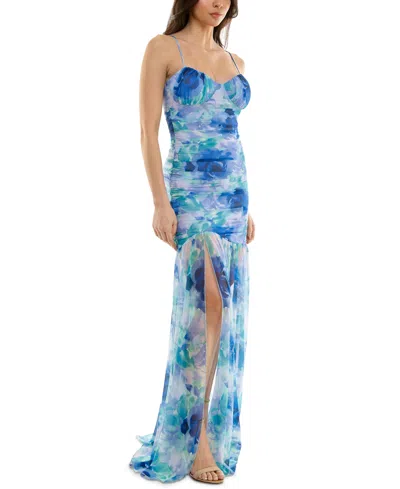 Katia Rae Juniors' Bax Shirred Slit-front Sleeveless Gown, Created For Macy's In Blue Multi