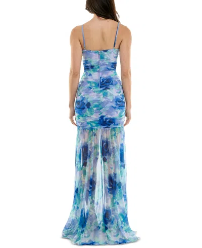 Katia Rae Juniors' Bax Shirred Slit-front Sleeveless Gown, Created For Macy's In Blue Multi