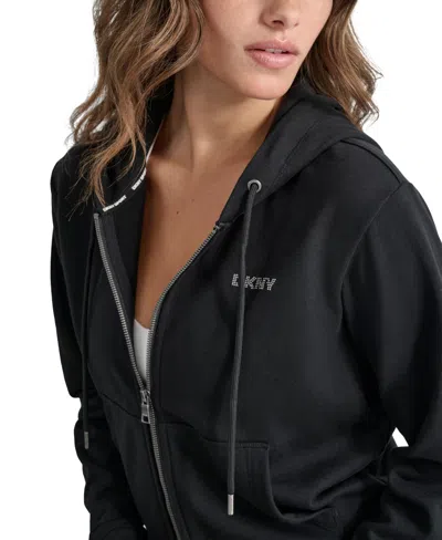 Dkny Sport Women's Cotton-blend Stud-logo Full Zip Hoodie In Black