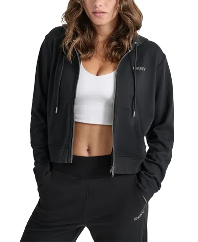 Dkny Sport Women's Cotton-blend Stud-logo Full Zip Hoodie In Black