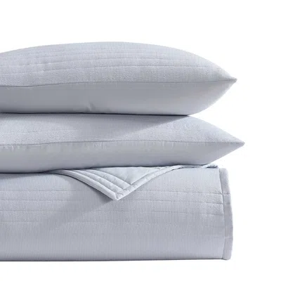 Vera Wang Seersucker Stripe 3 Piece Quilt Set, Queen In Rain Blue