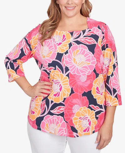 Ruby Rd. Plus Size Bold Poppies Envelope Neck Top In Pink