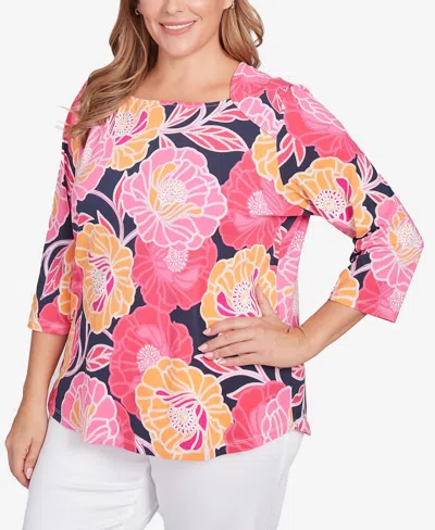 Ruby Rd. Plus Size Bold Poppies Envelope Neck Top In Pink