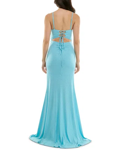 Katia Rae Juniors' Side-ruched Lace-up-back Glitter Gown, Created For Macy's In Aqua