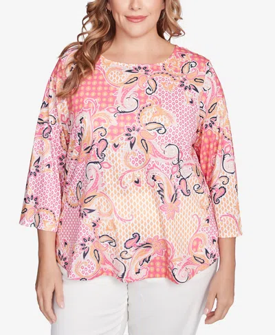 Ruby Rd. Plus Size Mixed Pattern Sublimation Knit Crew Neck Top In Pink
