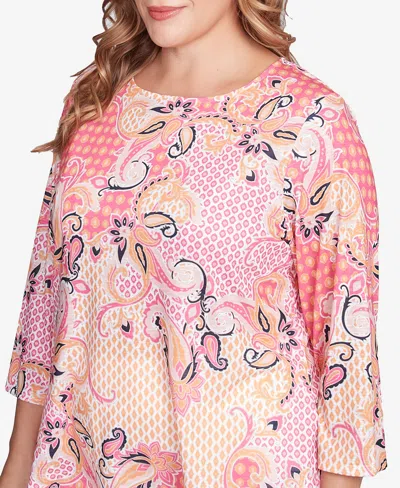 Ruby Rd. Plus Size Mixed Pattern Sublimation Knit Crew Neck Top In Pink