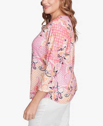 Ruby Rd. Plus Size Mixed Pattern Sublimation Knit Crew Neck Top In Pink