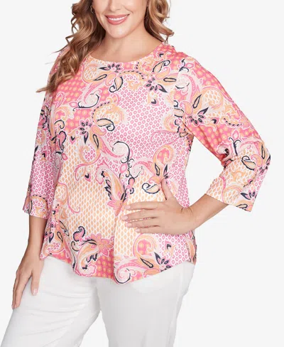 Ruby Rd. Plus Size Mixed Pattern Sublimation Knit Crew Neck Top In Pink