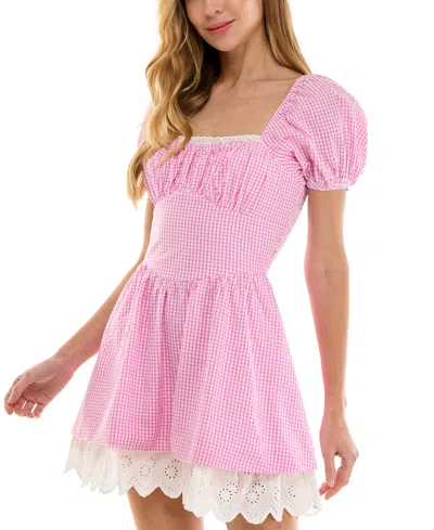 Seni & Cade Juniors' Square-neck Cotton Gingham Dress In Pink