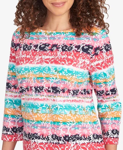 Ruby Rd. Petite Watercolor Floral Stripe Top In Multi