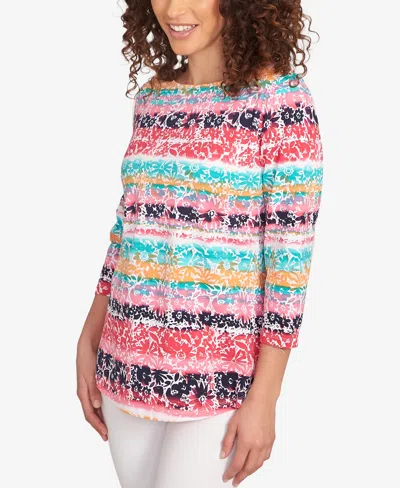 Ruby Rd. Petite Watercolor Floral Stripe Top In Multi