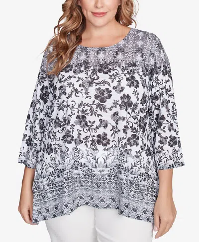 Ruby Rd. Plus Size Floral Ombre Border Sublimation Knit Top In Black
