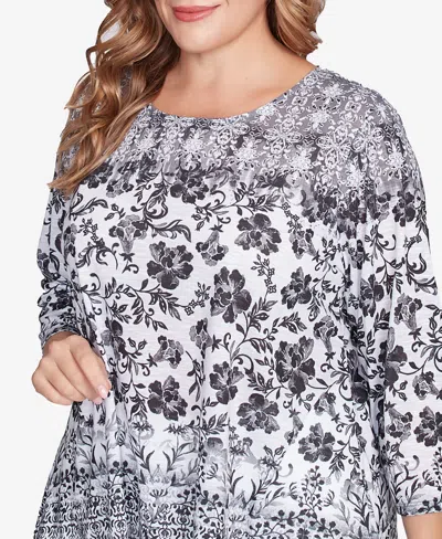 Ruby Rd. Plus Size Floral Ombre Border Sublimation Knit Top In Black