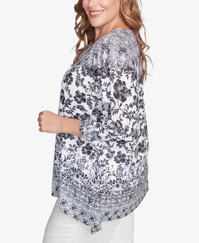 Ruby Rd. Plus Size Floral Ombre Border Sublimation Knit Top In Black