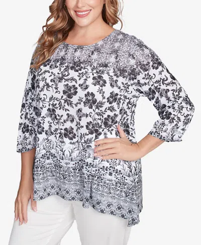Ruby Rd. Plus Size Floral Ombre Border Sublimation Knit Top In Black