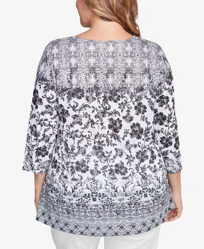 Ruby Rd. Plus Size Floral Ombre Border Sublimation Knit Top In Black