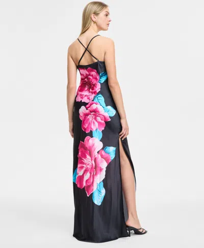 Katia Rae Juniors' Floral Print Sleeveless Column Gown, Created For Macy's In Black Pink