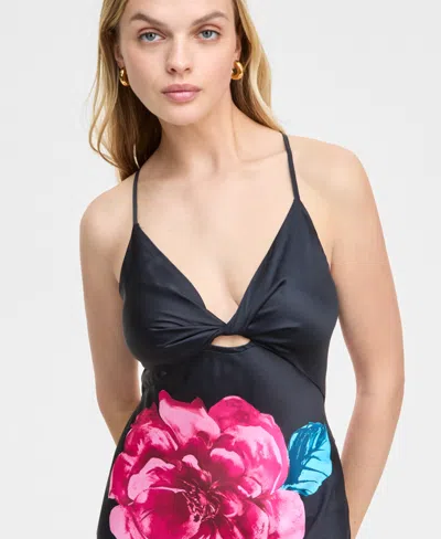 Katia Rae Juniors' Floral Print Sleeveless Column Gown, Created For Macy's In Black Pink