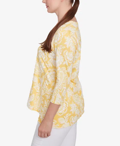 Ruby Rd. Plus Size Jacobean Paisley Puff Print V-neck Top In Yellow