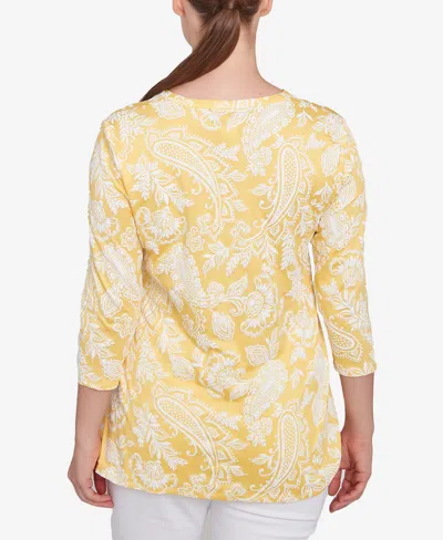 Ruby Rd. Plus Size Jacobean Paisley Puff Print V-neck Top In Yellow
