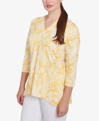 Ruby Rd. Plus Size Jacobean Paisley Puff Print V-neck Top In Yellow