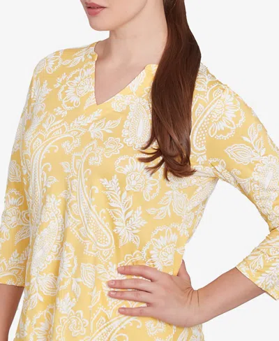 Ruby Rd. Plus Size Jacobean Paisley Puff Print V-neck Top In Yellow