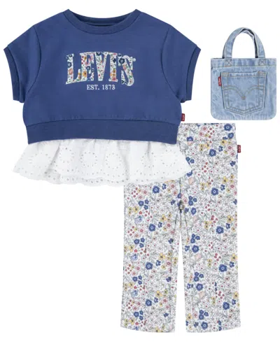 Levi's Toddler Girls 2-piece Eyelet Crewneck Top And Flared Leggings Set In Bright White