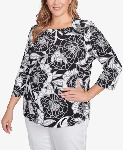 Ruby Rd. Plus Size Bold Poppies Envelope Neck Top In Black Multi
