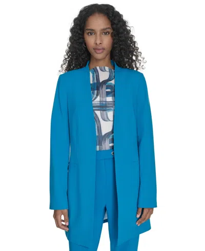 Calvin Klein Petite Collarless V-neck Long Blazer In Blue