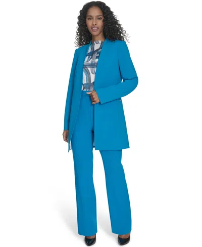 Calvin Klein Petite Collarless V-neck Long Blazer In Blue