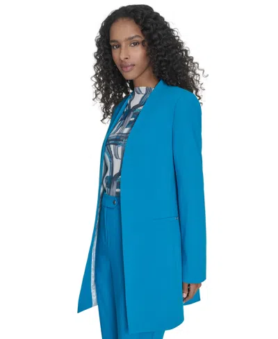 Calvin Klein Petite Collarless V-neck Long Blazer In Blue