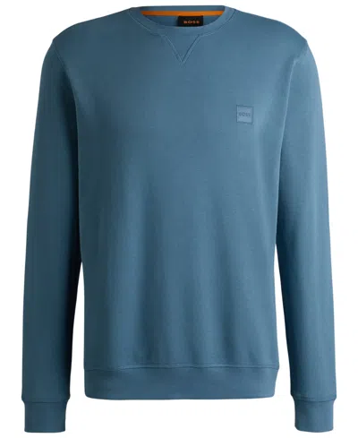 Hugo Boss Cotton-terry Relaxed-fit Sweatshirt With Logo Patch In Blue