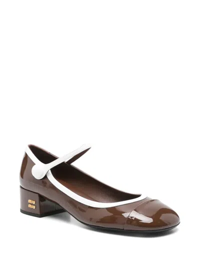 Miu Miu Bicolor Patent Leather Block-heel Mary Jane Pumps In Brown
