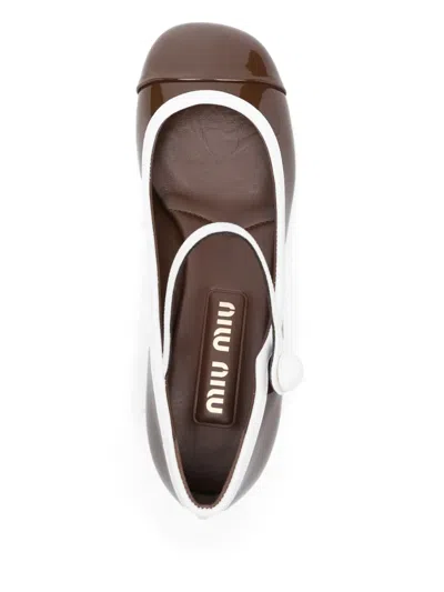 Miu Miu Bicolor Patent Leather Block-heel Mary Jane Pumps In Brown