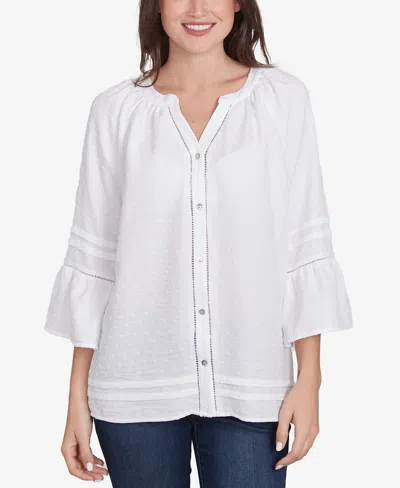 Ruby Rd. Petite Clip Dot Button Front Flared V-neck Top In White