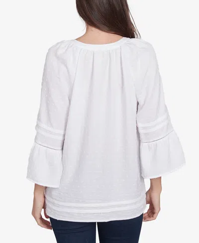Ruby Rd. Petite Clip Dot Button Front Flared V-neck Top In White