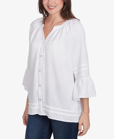 Ruby Rd. Petite Clip Dot Button Front Flared V-neck Top In White