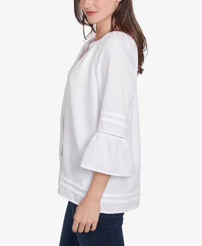 Ruby Rd. Petite Clip Dot Button Front Flared V-neck Top In White