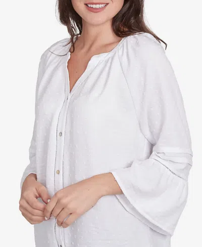 Ruby Rd. Petite Clip Dot Button Front Flared V-neck Top In White