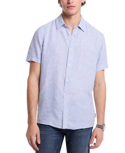 Michael Kors Linen Slim Fit Short Sleeve Button Front Shirt In Blue
