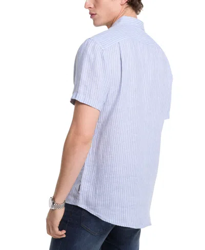 Michael Kors Linen Slim Fit Short Sleeve Button Front Shirt In Blue