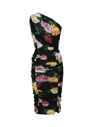 Dolce & Gabbana Elegant Black Dress In Polyamide With Floral Pattern For Cocktails And Evenings In Black
