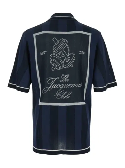 Jacquemus 'le Polo Liga' Blue Shirt With Maxi Rear Print And All-over Striped Motif In Gold