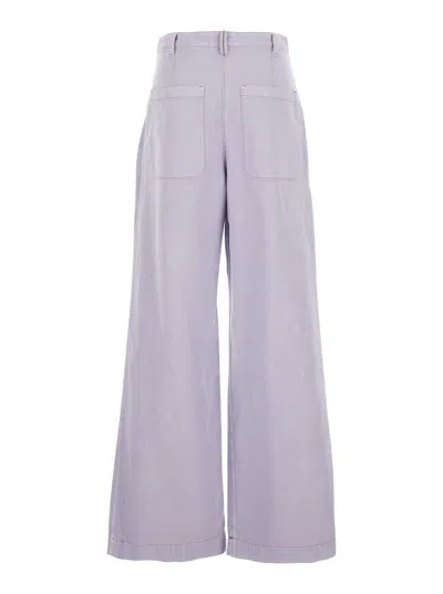 Brunello Cucinelli Violet Pants With Monil Detail On The Loop And Wide Leg In Cotton And Linen Blend Woman In Purple
