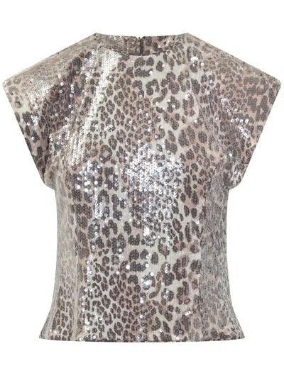 Ganni Leopard Blouse With Sequins In Multicolour