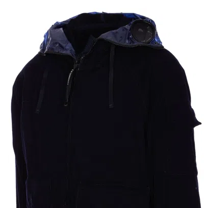 C.p. Company Blue Jacket With Explorer Hood And Adjustable Drawstring Waist In Tech Fabric Man In Black