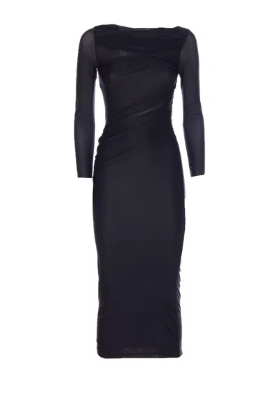 Pinko Black Long Dress With Ruffles And Boat Neckline In Tech Fabric Woman In Black