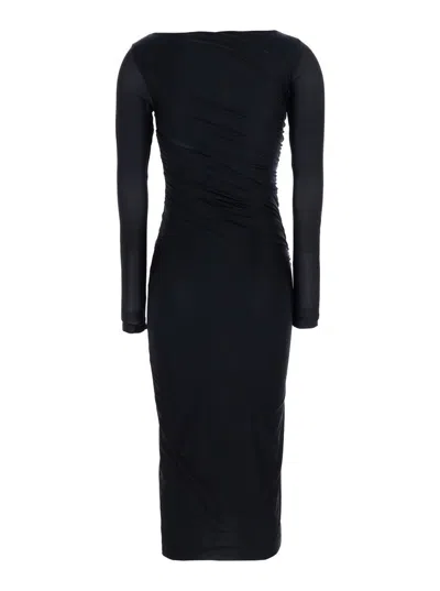 Pinko Black Long Dress With Ruffles And Boat Neckline In Tech Fabric Woman In Black